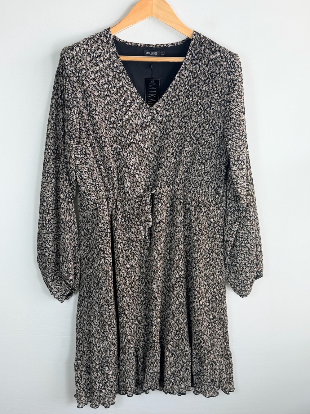 MikaRose Emery Crinkle Pleated Floral Midi Dress XL NWT Long Sleeve Tie Waist